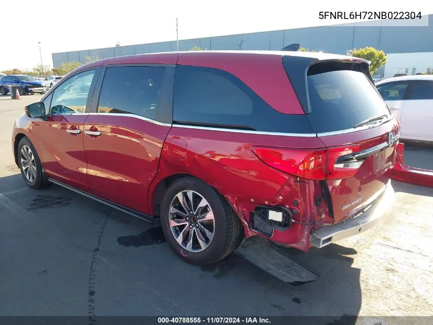 2022 Honda Odyssey Ex-L VIN: 5FNRL6H72NB022304 Lot: 40788555