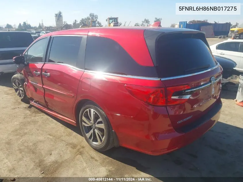 2022 Honda Odyssey Touring VIN: 5FNRL6H86NB017275 Lot: 40812144