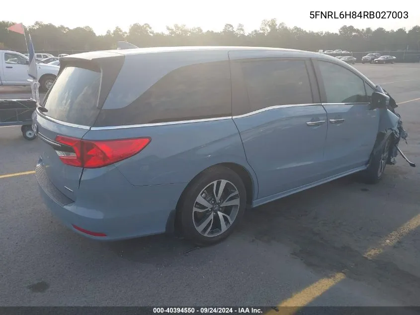 2024 Honda Odyssey Touring VIN: 5FNRL6H84RB027003 Lot: 40394550