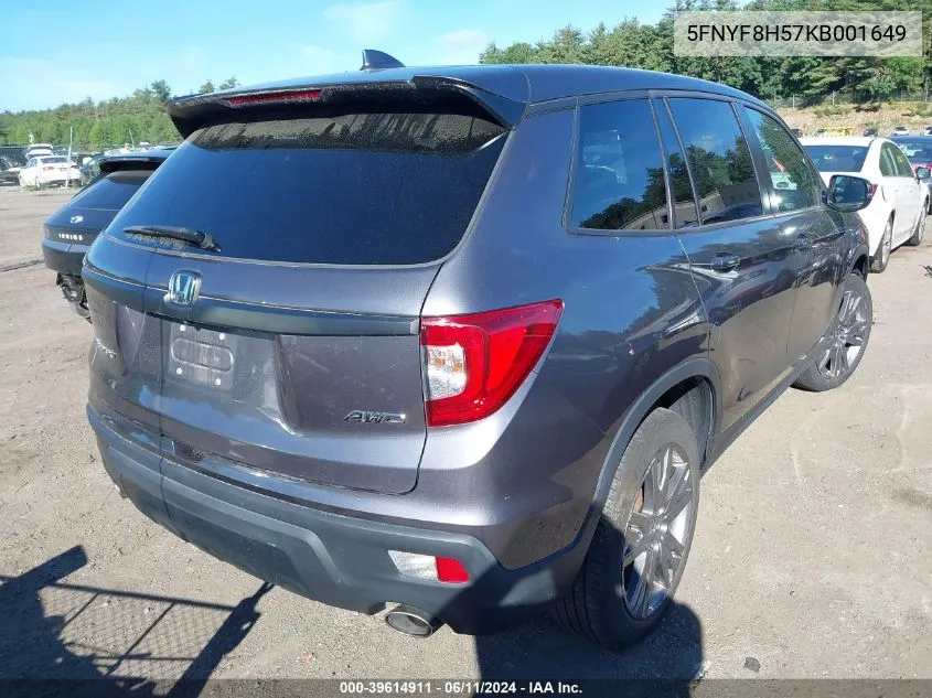 2019 Honda Passport Ex-L VIN: 5FNYF8H57KB001649 Lot: 39614911