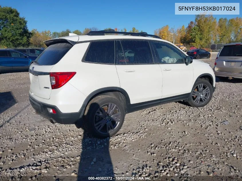 2019 Honda Passport Exl VIN: 5FNYF8H53KB017024 Lot: 40382372