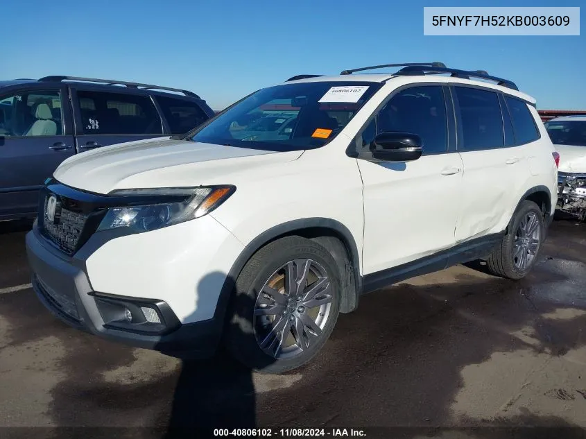 2019 Honda Passport Ex-L VIN: 5FNYF7H52KB003609 Lot: 40806102