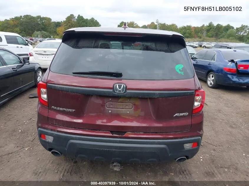 2020 Honda Passport Exl VIN: 5FNYF8H51LB005102 Lot: 40397939