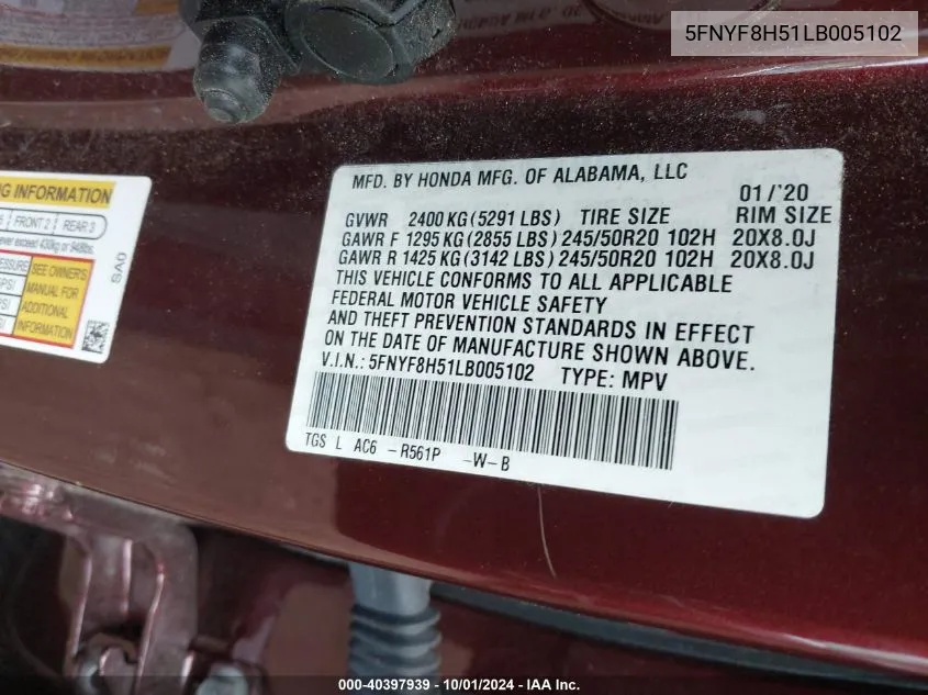 2020 Honda Passport Exl VIN: 5FNYF8H51LB005102 Lot: 40397939