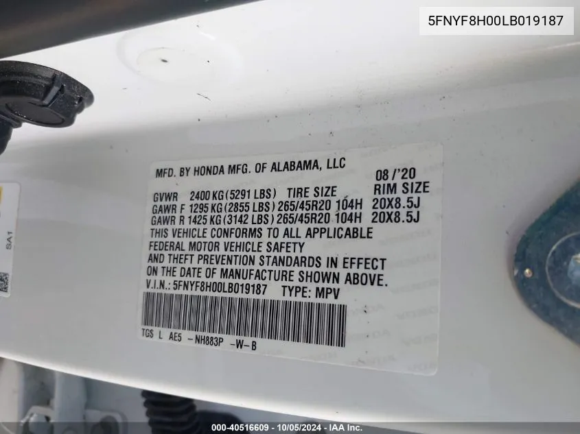 2020 Honda Passport Elite VIN: 5FNYF8H00LB019187 Lot: 40516609