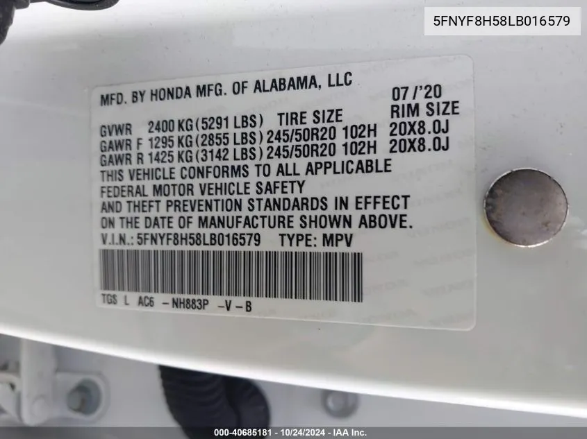 2020 Honda Passport Exl VIN: 5FNYF8H58LB016579 Lot: 40685181