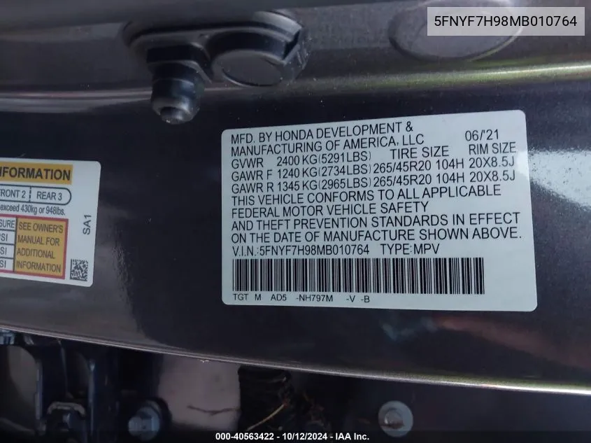 2021 Honda Passport Touring VIN: 5FNYF7H98MB010764 Lot: 40563422