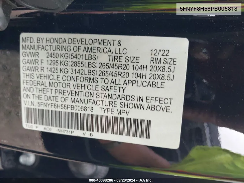 2023 Honda Passport Awd Ex-L VIN: 5FNYF8H58PB006818 Lot: 40398286