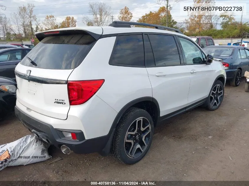 2023 Honda Passport Elite VIN: 5FNYF8H07PB022738 Lot: 40758136