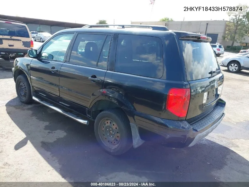 2003 Honda Pilot Ex VIN: 2HKYF18433H578874 Lot: 40186823