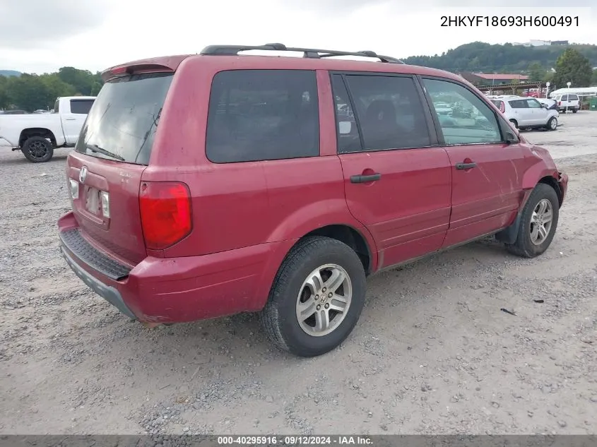 2003 Honda Pilot Exl VIN: 2HKYF18693H600491 Lot: 40295916