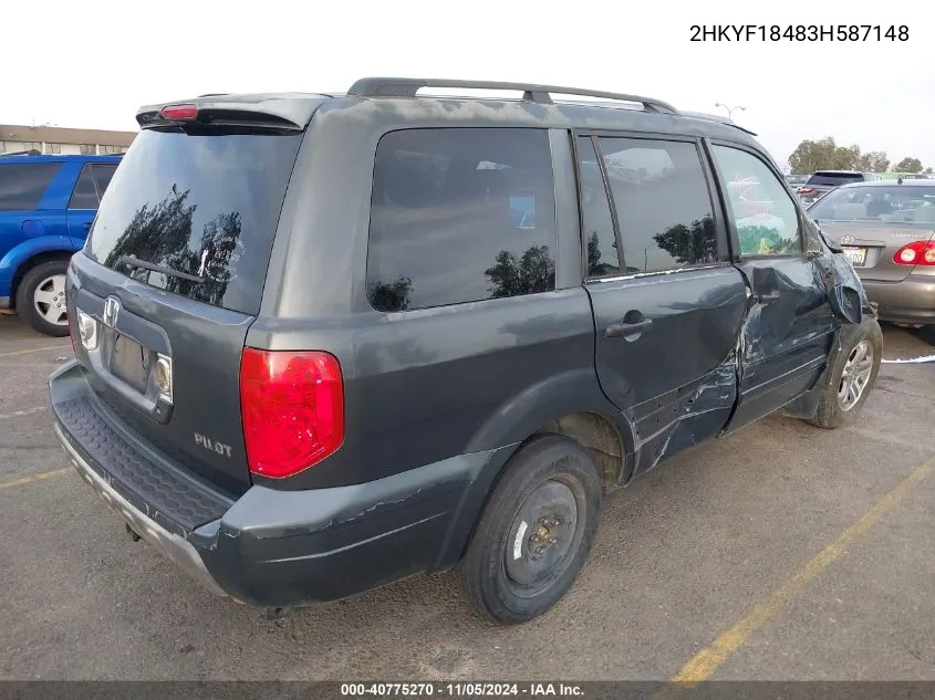 2003 Honda Pilot Ex VIN: 2HKYF18483H587148 Lot: 40775270