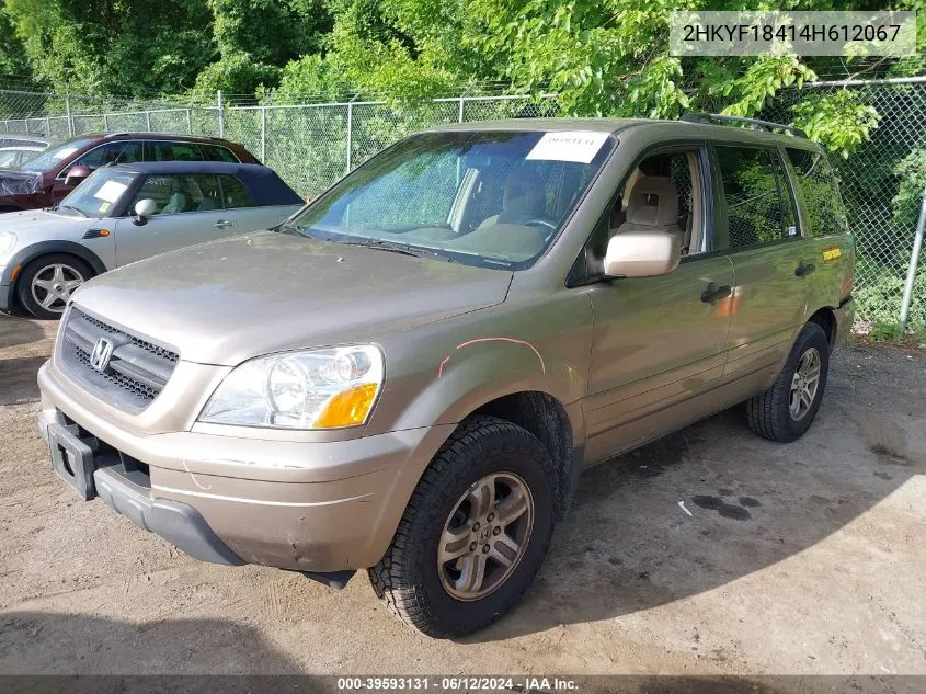 2004 Honda Pilot Ex VIN: 2HKYF18414H612067 Lot: 39593131