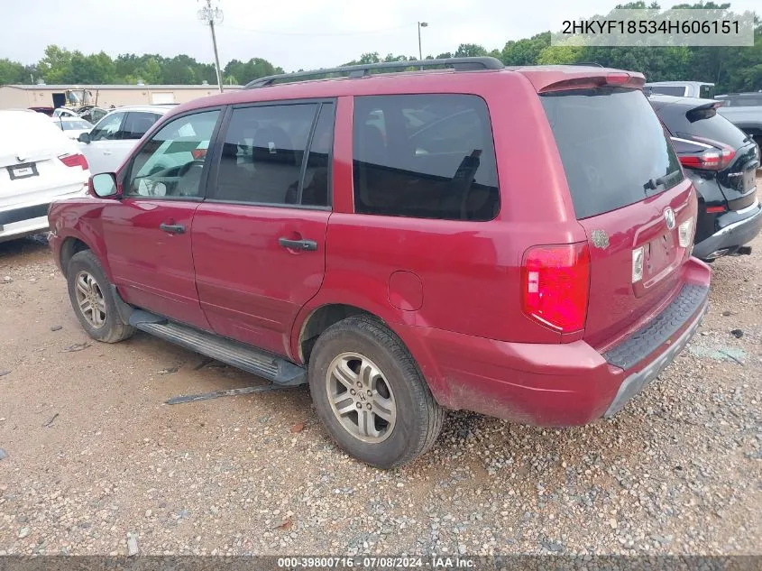 2004 Honda Pilot Ex-L VIN: 2HKYF18534H606151 Lot: 39800716