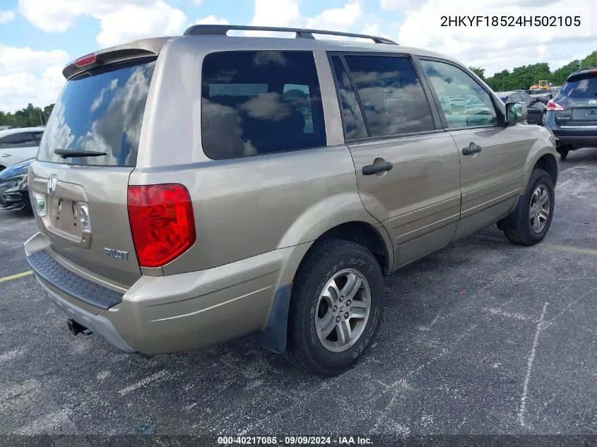 2004 Honda Pilot Ex-L VIN: 2HKYF18524H502105 Lot: 40217085