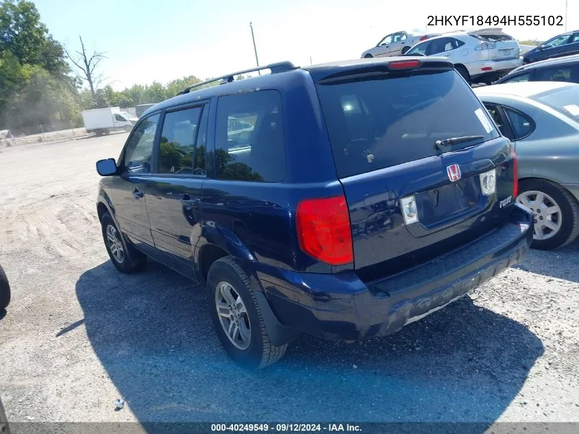 2004 Honda Pilot Ex VIN: 2HKYF18494H555102 Lot: 40249549