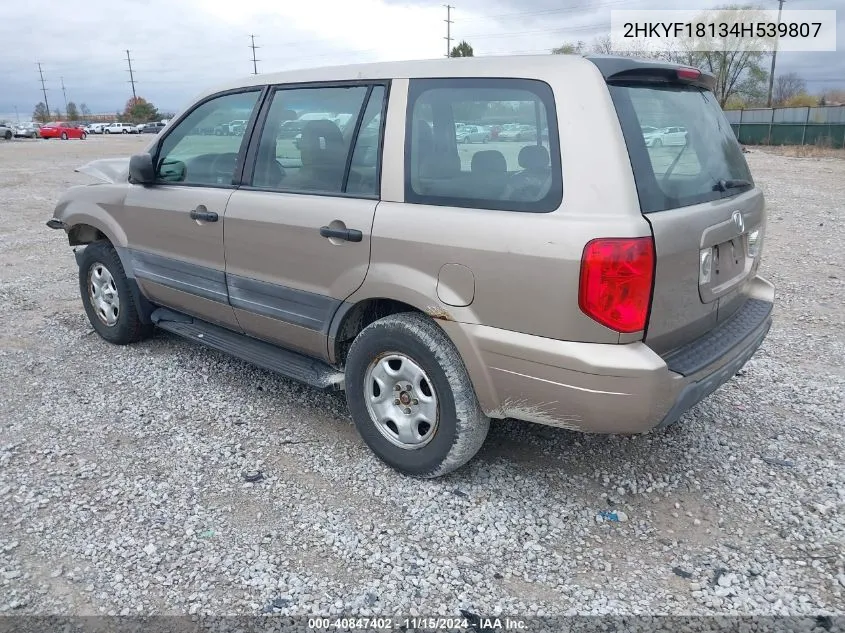 2004 Honda Pilot Lx VIN: 2HKYF18134H539807 Lot: 40847402