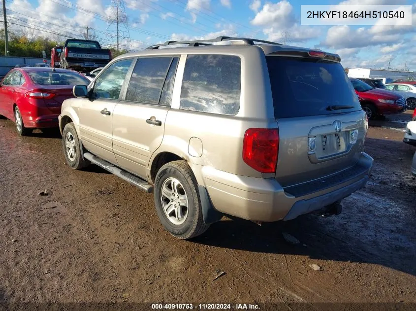 2004 Honda Pilot Ex VIN: 2HKYF18464H510540 Lot: 40910753