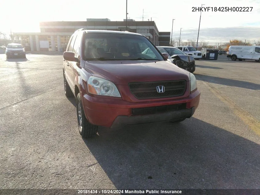 2005 Honda Pilot Ex VIN: 2HKYF18425H002227 Lot: 20181434