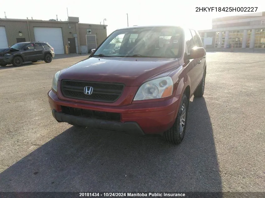 2005 Honda Pilot Ex VIN: 2HKYF18425H002227 Lot: 20181434