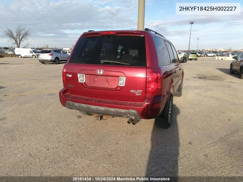 2005 Honda Pilot Ex VIN: 2HKYF18425H002227 Lot: 20181434