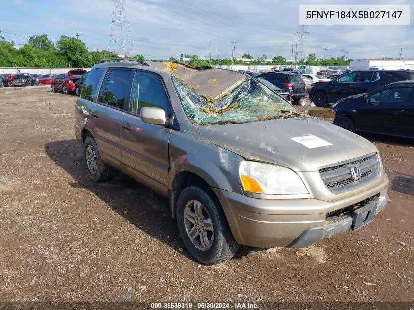 2005 Honda Pilot Ex VIN: 5FNYF184X5B027147 Lot: 39539319