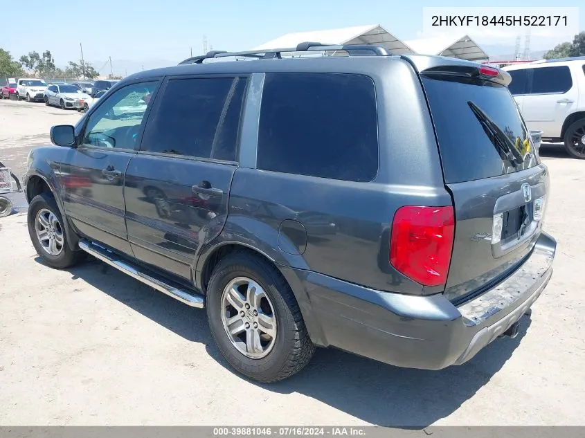 2005 Honda Pilot Ex VIN: 2HKYF18445H522171 Lot: 39881046