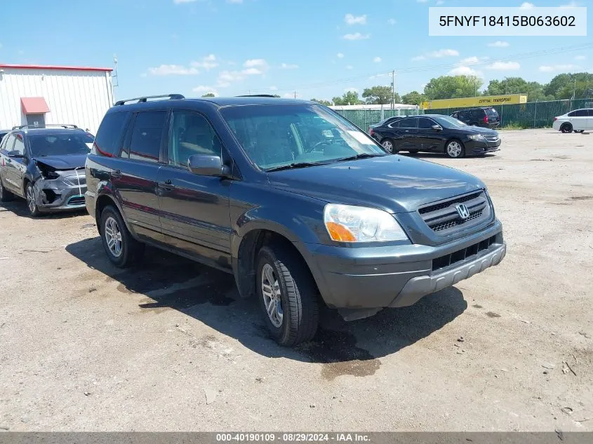 2005 Honda Pilot Ex VIN: 5FNYF18415B063602 Lot: 40190109