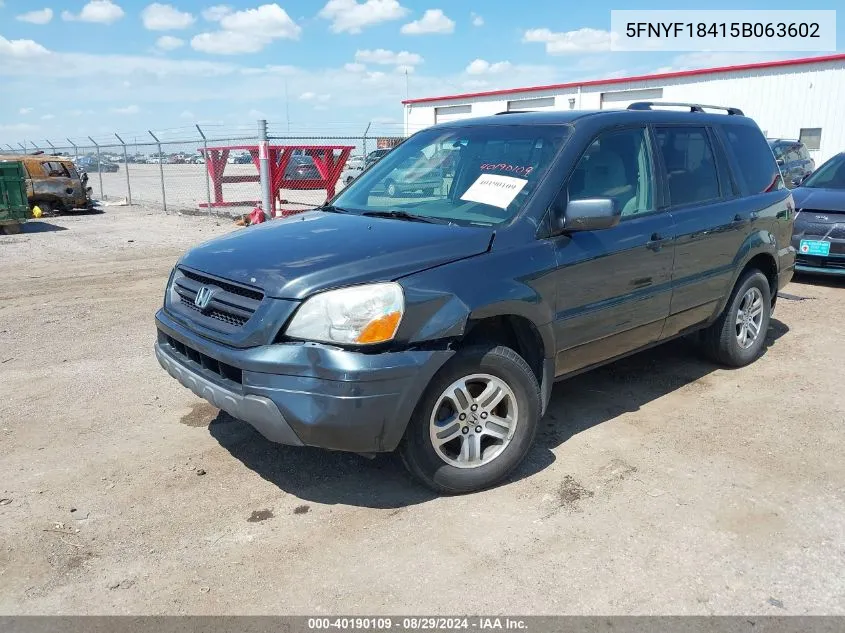 2005 Honda Pilot Ex VIN: 5FNYF18415B063602 Lot: 40190109