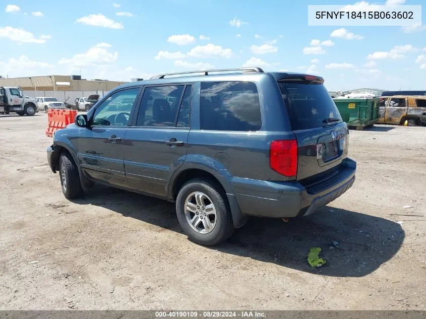 2005 Honda Pilot Ex VIN: 5FNYF18415B063602 Lot: 40190109