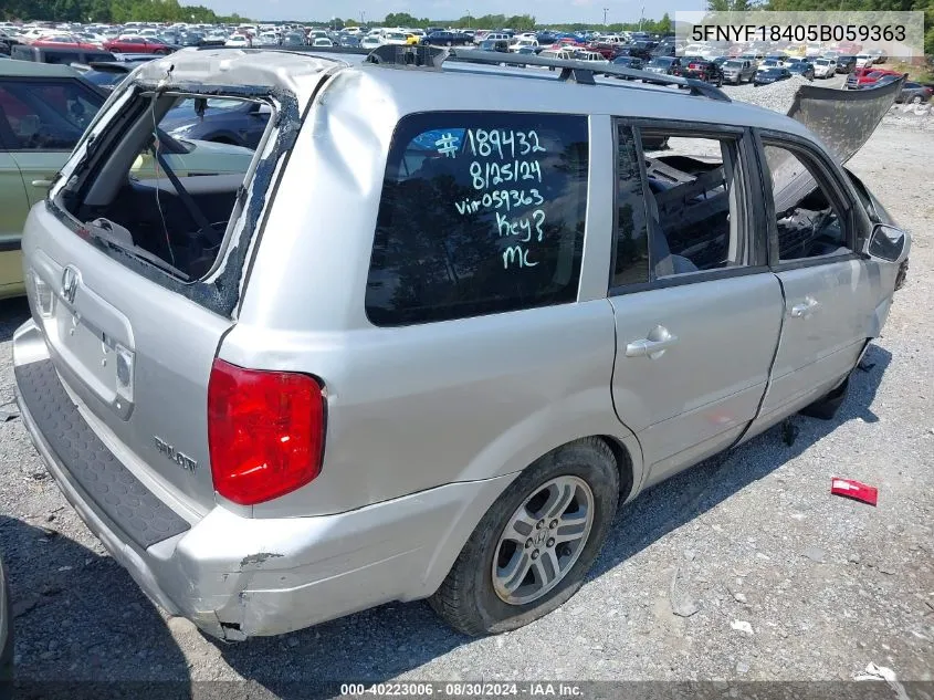 2005 Honda Pilot Ex VIN: 5FNYF18405B059363 Lot: 40223006