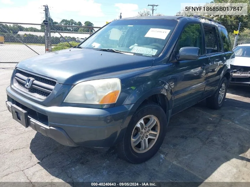 2005 Honda Pilot Ex-L VIN: 5FNYF18685B017847 Lot: 40240643