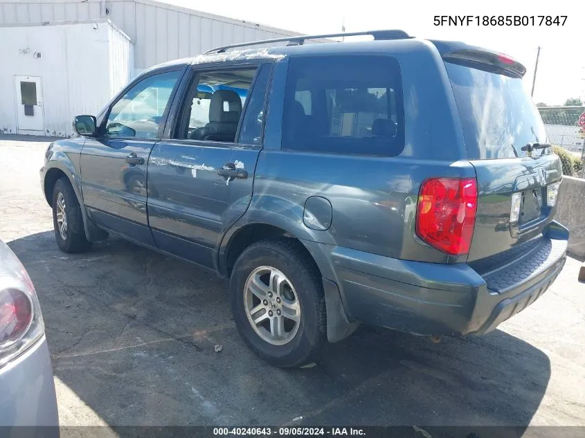 2005 Honda Pilot Ex-L VIN: 5FNYF18685B017847 Lot: 40240643