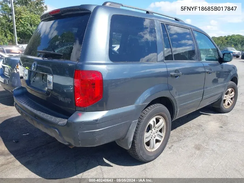 2005 Honda Pilot Ex-L VIN: 5FNYF18685B017847 Lot: 40240643