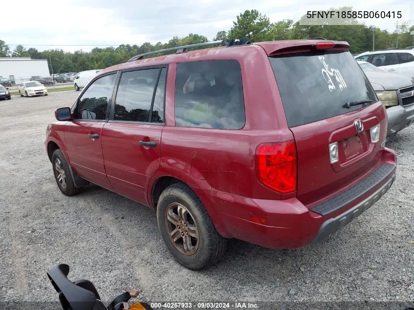 2005 Honda Pilot Ex-L VIN: 5FNYF18585B060415 Lot: 40257933