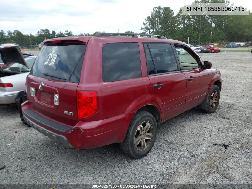 2005 Honda Pilot Ex-L VIN: 5FNYF18585B060415 Lot: 40257933