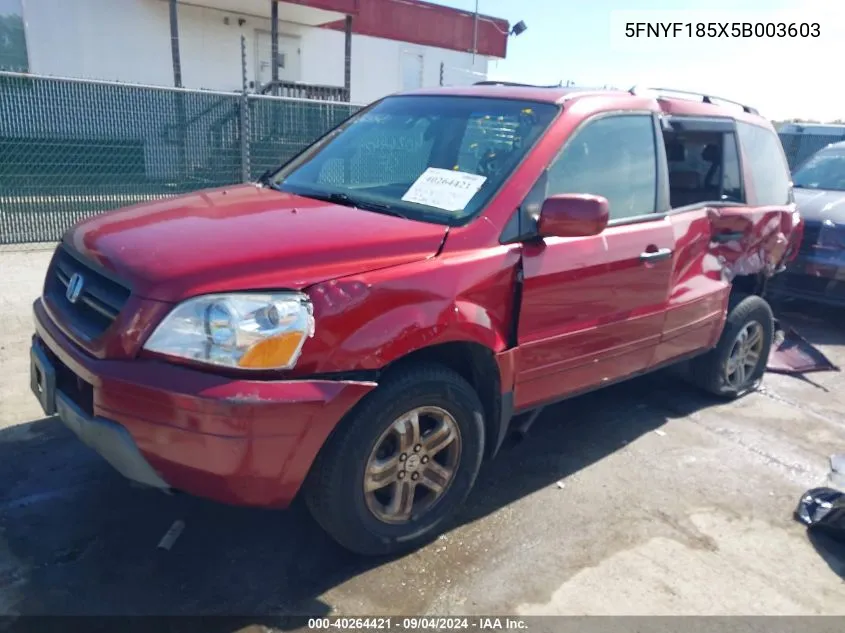 2005 Honda Pilot Ex-L VIN: 5FNYF185X5B003603 Lot: 40264421