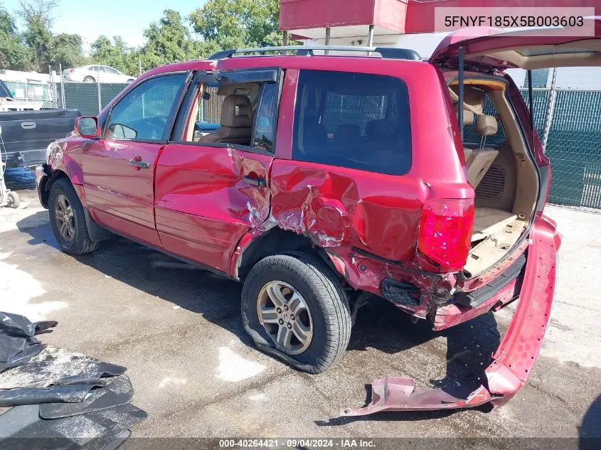 2005 Honda Pilot Ex-L VIN: 5FNYF185X5B003603 Lot: 40264421