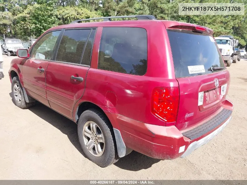 2005 Honda Pilot Ex-L VIN: 2HKYF187X5H571708 Lot: 40266187