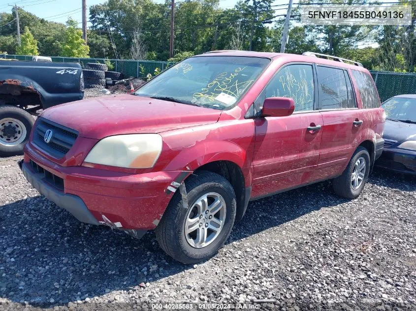 2005 Honda Pilot Ex VIN: 5FNYF18455B049136 Lot: 40285583