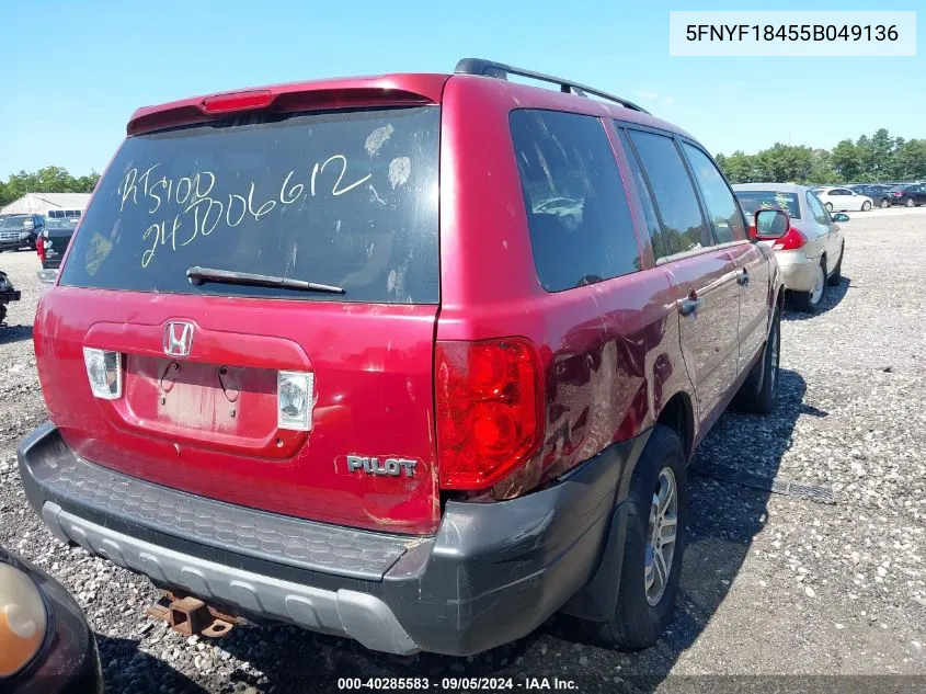 2005 Honda Pilot Ex VIN: 5FNYF18455B049136 Lot: 40285583