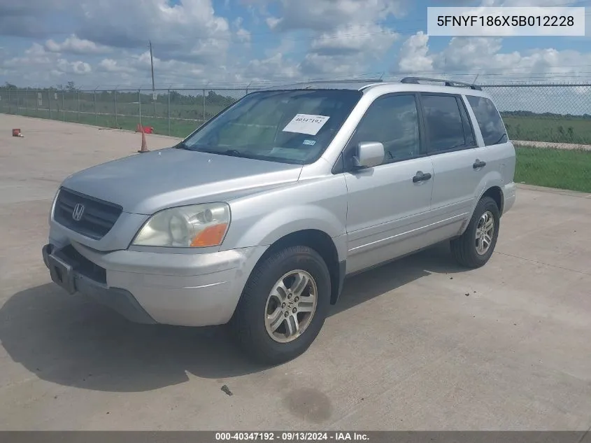 2005 Honda Pilot Ex-L VIN: 5FNYF186X5B012228 Lot: 40347192