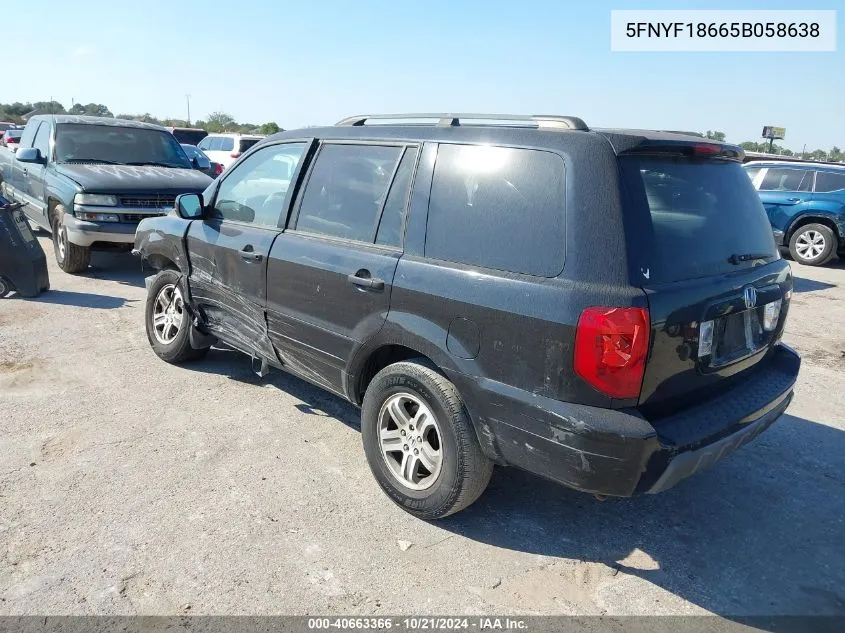 2005 Honda Pilot Ex-L VIN: 5FNYF18665B058638 Lot: 40663366