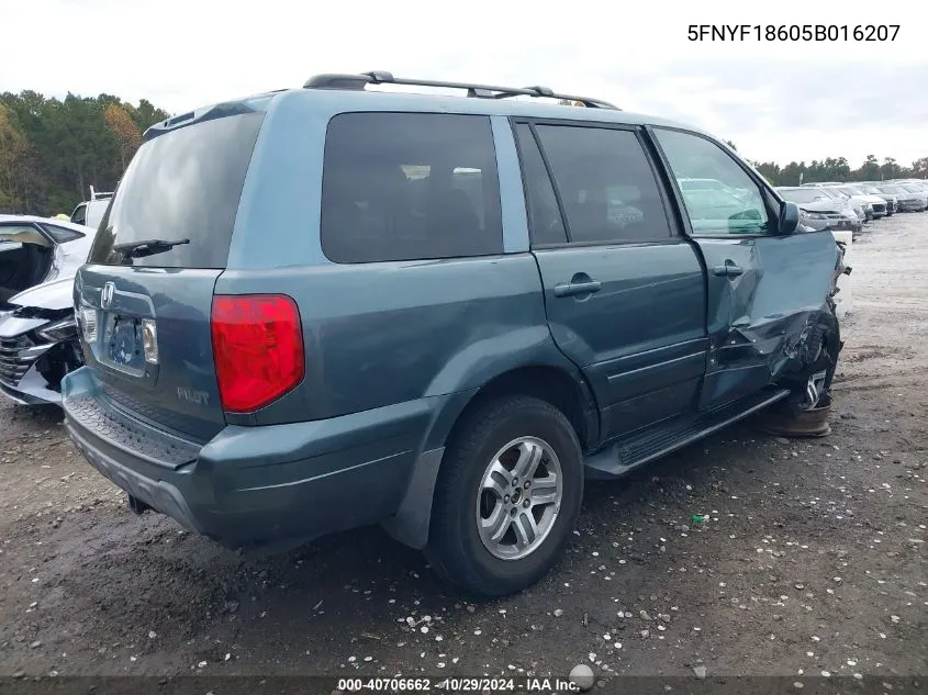 2005 Honda Pilot Ex-L VIN: 5FNYF18605B016207 Lot: 40706662