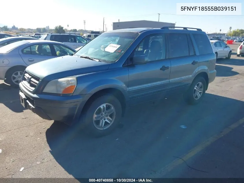 2005 Honda Pilot Ex-L VIN: 5FNYF18555B039151 Lot: 40740858