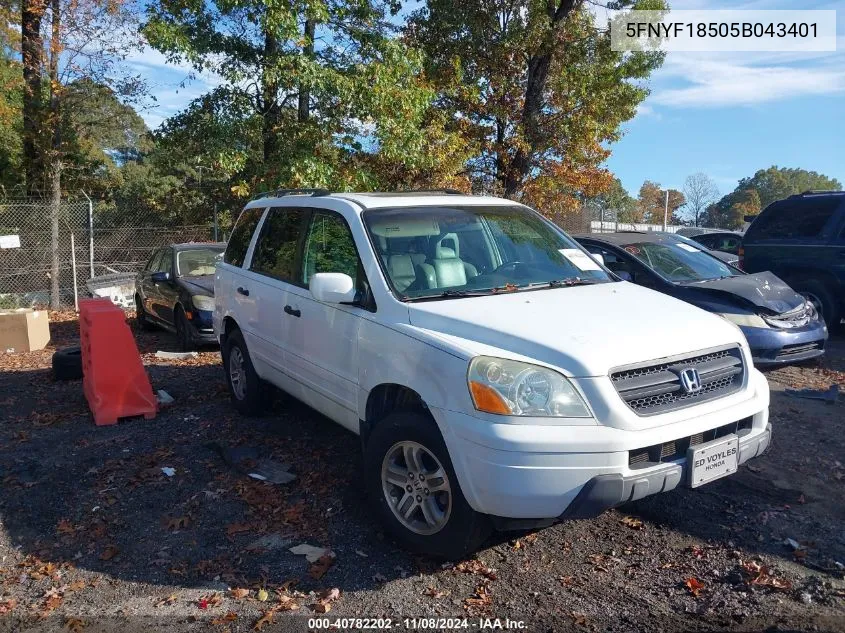 2005 Honda Pilot Ex-L VIN: 5FNYF18505B043401 Lot: 40782202