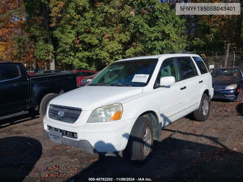 2005 Honda Pilot Ex-L VIN: 5FNYF18505B043401 Lot: 40782202