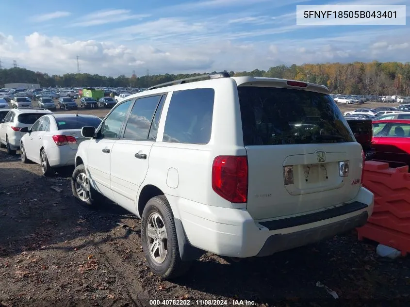 2005 Honda Pilot Ex-L VIN: 5FNYF18505B043401 Lot: 40782202