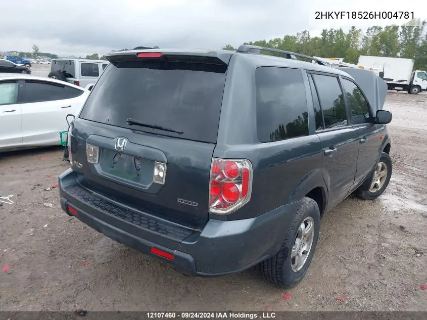 2006 Honda Pilot VIN: 2HKYF18526H004781 Lot: 12107460