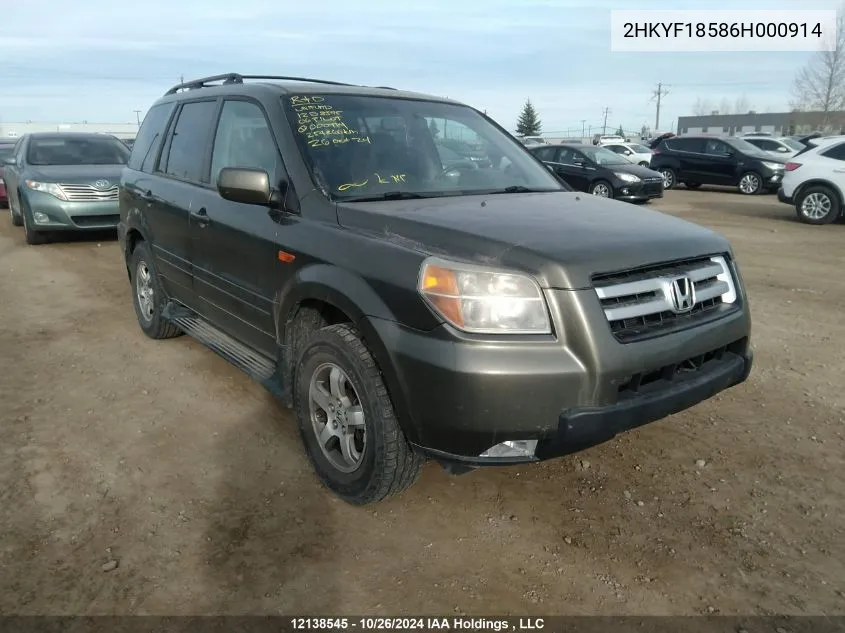 2006 Honda Pilot VIN: 2HKYF18586H000914 Lot: 12138545